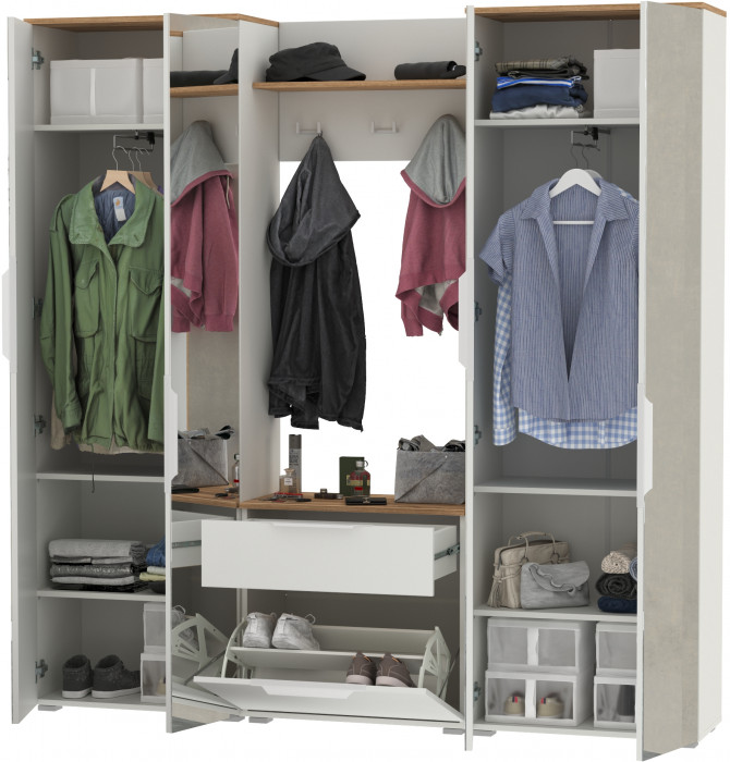 Октава Прихожая 25, цвет белый шагрень/дуб крафт золотой/фасады МДФ белый шагрень, ШхГхВ 193,7х35,4х197,6 см., универсальная сборка