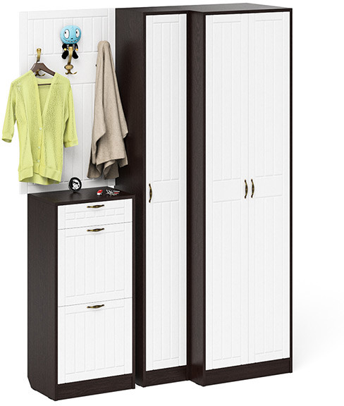 Прихожая П-6 Компоновка № 30, цвет венге/фасады МДФ белое дерево фрезеровка прованс, ШхГхВ 150х50х210 см., универсальная сборка