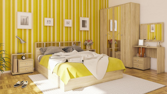 Камелия Кровать с ящиками 1600 + две тумбы, цвет дуб сонома, ШхГхВ 276х217х78,2 см., сп.м. 1600х2000 мм., без матраса, основание есть