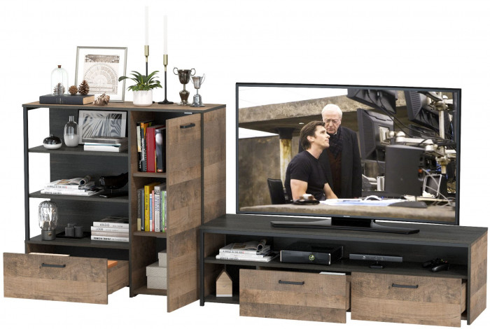 Трувор 13.70 Тумба под ТВ + 13.307.01 Комод, цвет дуб гранж песочный/интра, ШхГхВ 258,8х45,4х106,9 см., универсальная сборка