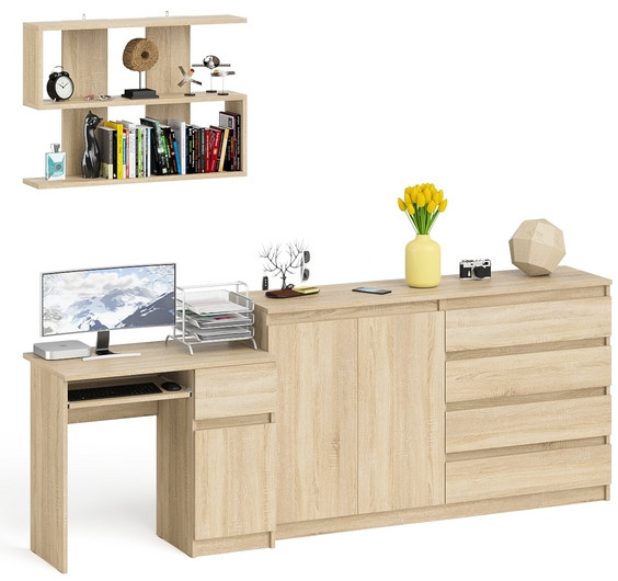 Мори Стол компьютерный МС-1 правый + Комод МК1600.1 + Полка 900, цвет дуб сонома, ШхГхВ 250,4х50х209,6 см., НЕ универсальная сборка