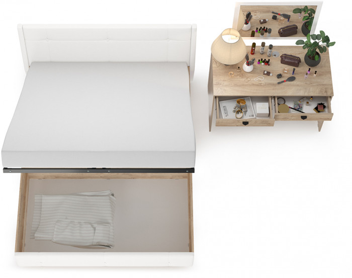 Муссон Кровать 11.28 + подъёмный ортопед + Бостон 12.69 + Зеркало СВК, цвет белый/дуб эндгрейн элегантный/кожзам белый, сп. м. 1600х2000 мм., б/м