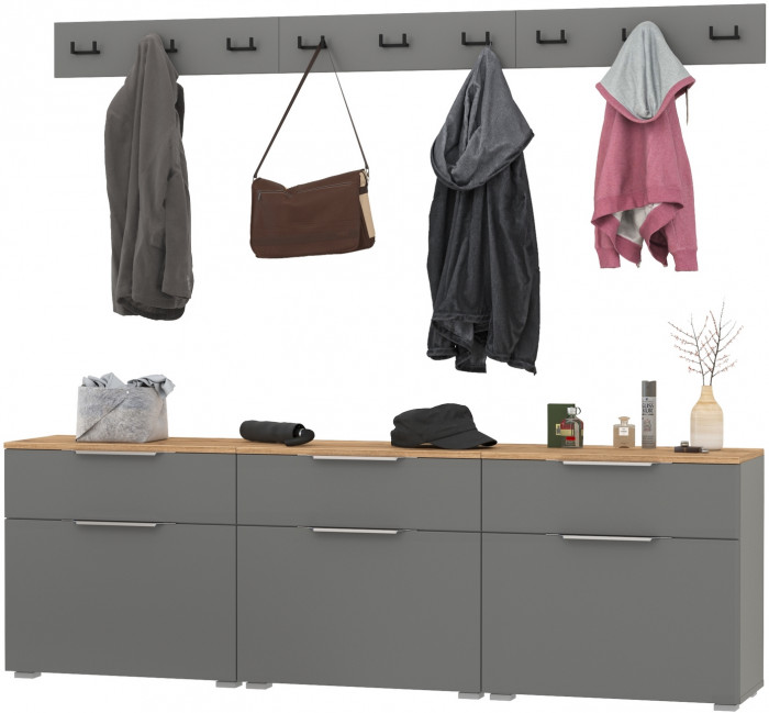 Октава Прихожая 06, цвет серый графит/дуб крафт золотой/фасады МДФ серый графит, ШхГхВ 194,7х35,4х180 см.