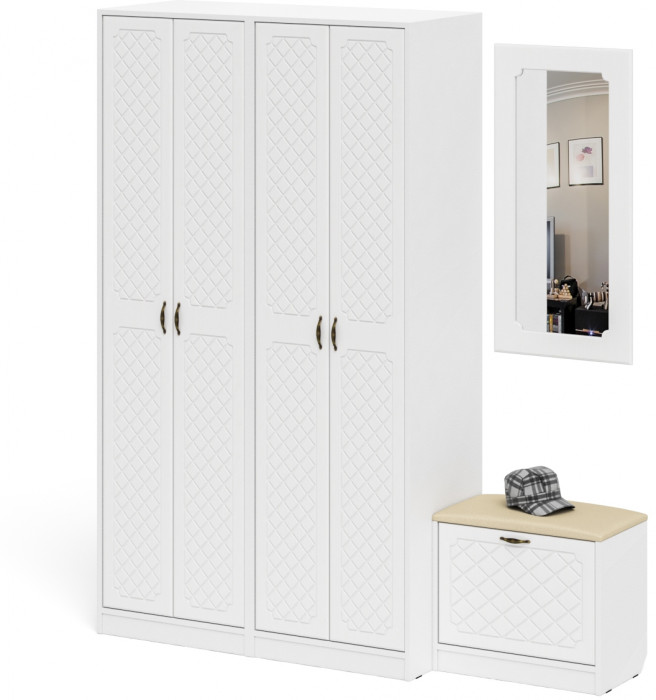 Прихожая П-6 Компоновка № 08, цвет белая шагрень/фасады МДФ белое дерево фрезеровка ромб, ШхГхВ 180х50х210 см., универсальная сборка