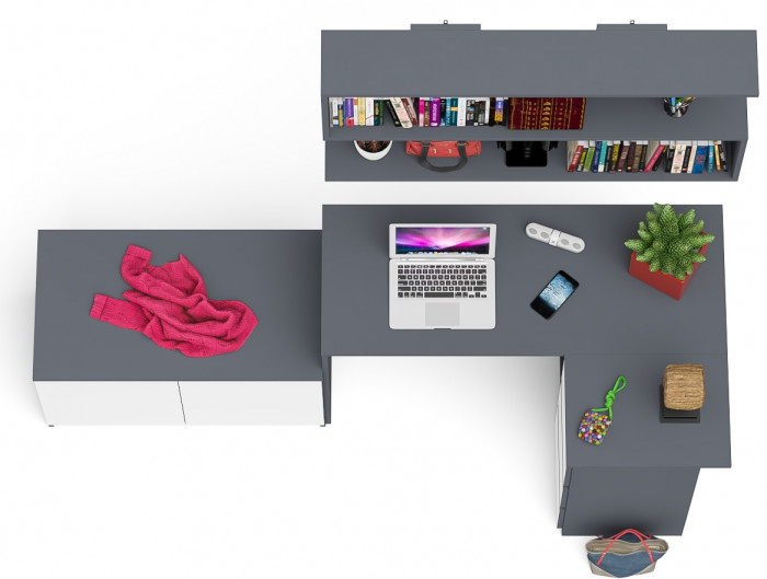 Мори компьютерный стол МС-16 правый + Тумба МА900.1 + Полка 1200, графит/белый