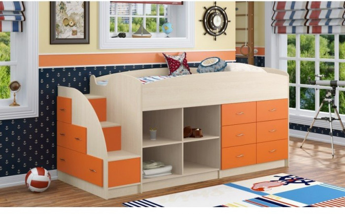 Кровать-чердак Дюймовочка-4.1, Дуб молочный / Оранжевый