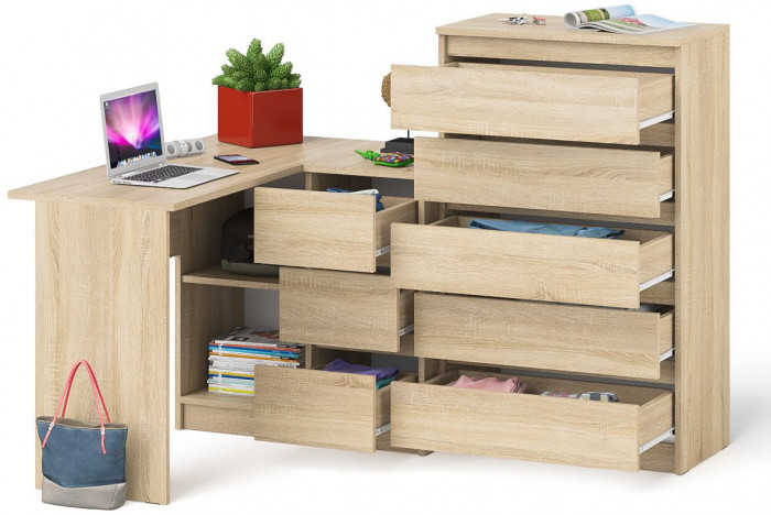 Мори Стол компьютерный МС-16 правый + Комод МК700.5, цвет дуб сонома, ШхГхВ 194,8х84,9х114 см., выдвижные ящики справа, НЕ универсальная сборка