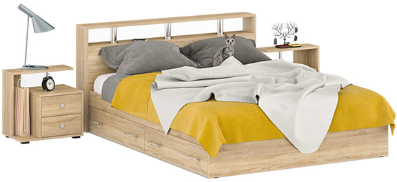 Камелия Кровать с ящиками 1600 + две тумбы, цвет дуб сонома, ШхГхВ 276х217х78,2 см., сп.м. 1600х2000 мм., без матраса, основание есть