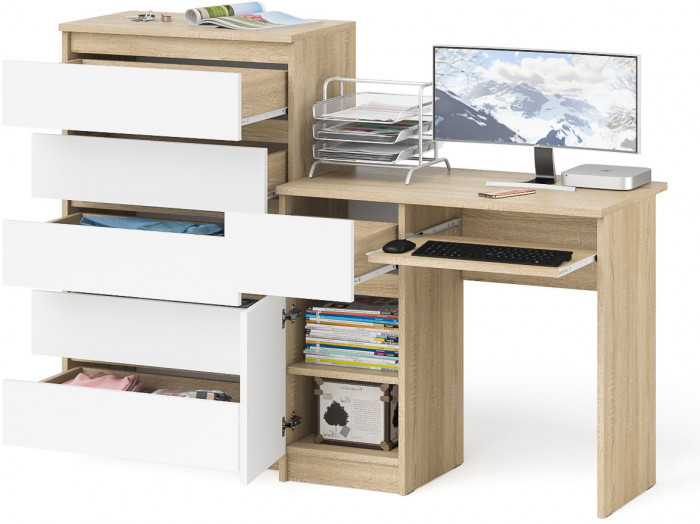 Мори Стол компьютерный МС-1 левый + Комод МК700.5, цвет дуб сонома/белый, ШхГхВ 160,4х50х114 см., выдвижной ящик слева, НЕ универсальная сборка