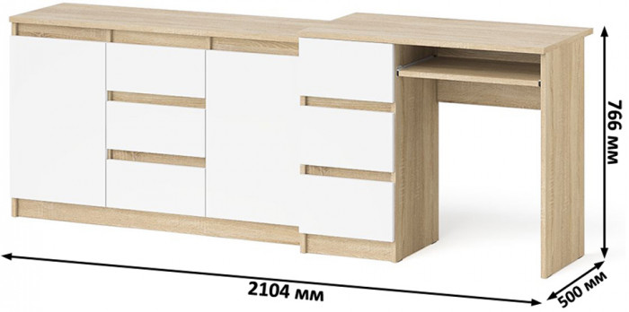 Мори Стол компьютерный МС-6 левый + Комод МК1200.3, цвет дуб сонома/белый, ШхГхВ 210,4х50х76,6 см., выдвижные ящики слева, НЕ универсальная сборка