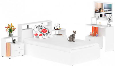 Камелия спальня № 6 Кровать 1200 + Две тумбы + Стол косметический + Зеркало, белый