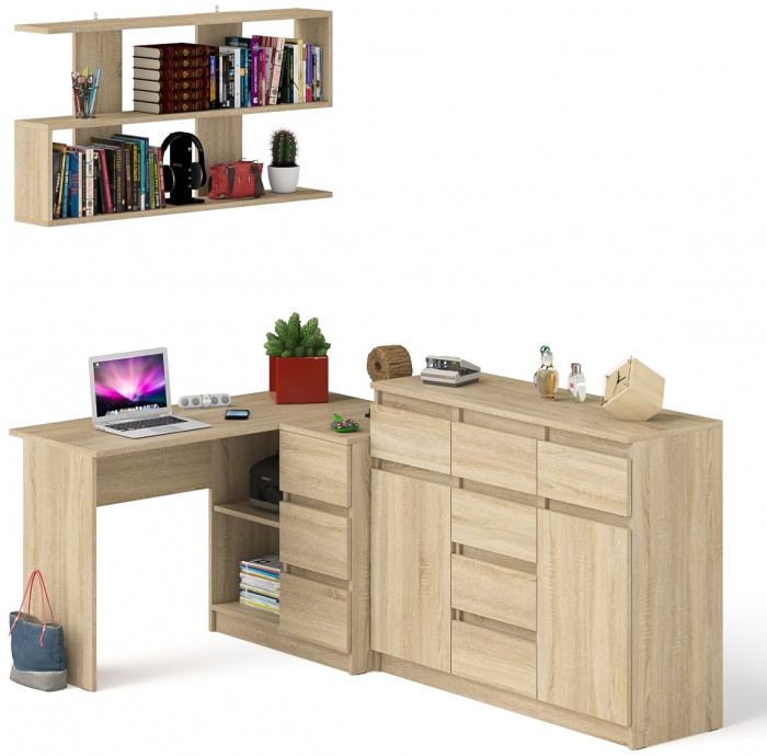 Мори компьютерный стол МС-16 правый + Комод МК1200.4 + Полка 1200, дуб сонома