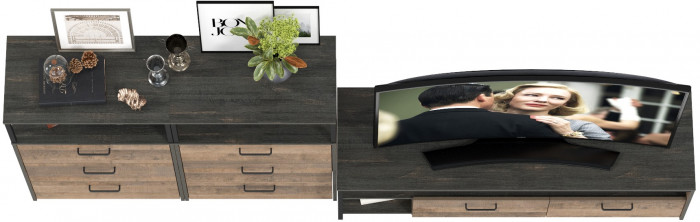 Трувор 13.70 Тумба под ТВ + 13.307.02 Комод + 13.307.02 Комод, цвет дуб гранж песочный/интра, ШхГхВ 281,8х45,4х106,9 см., универсальная сборка