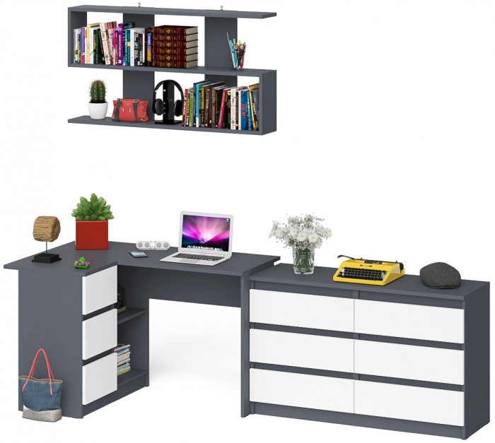 Мори компьютерный стол МС-16 левый + Комод МК1200.6 + Полка 1200, графит/белый