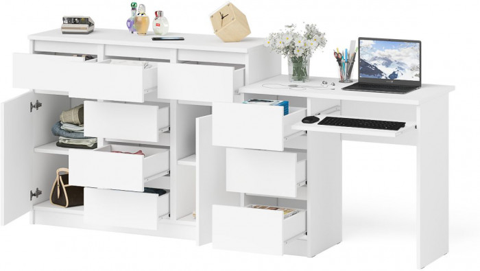 Мори Стол компьютерный МС-6 левый + Комод МК1200.4, цвет белый, ШхГхВ 210,4х50х94 см., выдвижные ящики слева, НЕ универсальная сборка