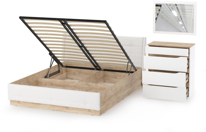 Муссон Кровать 11.28 + подъёмный ортопед + Комод 13.97 + Зеркало СВК, цвет белый/дуб эндгрейн элегантный/кожзам белый, сп. м. 1600х2000 мм., б/м