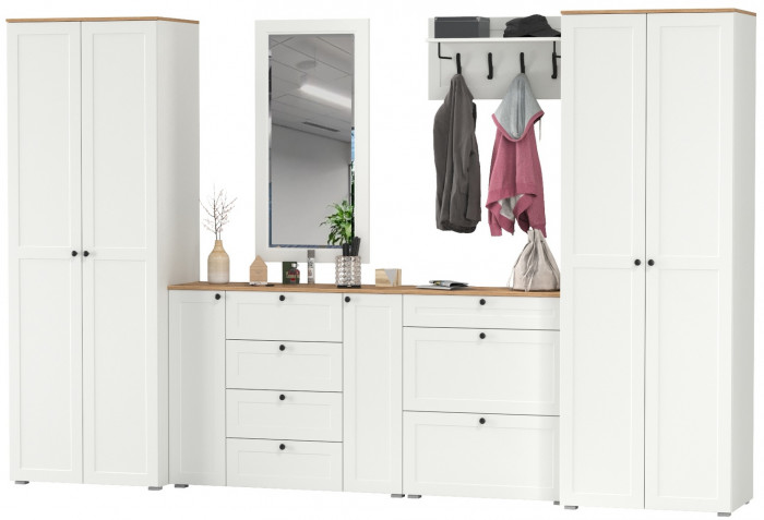 Остин Прихожая 60, цвет белый шагрень/дуб крафт золотой, ШхГхВ 360х54,3х229,6 см., универсальная сборка