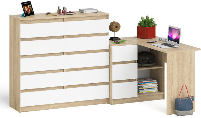 Мори компьютерный стол МС-16 левый + Комод МК1200.10, дуб сонома/белый