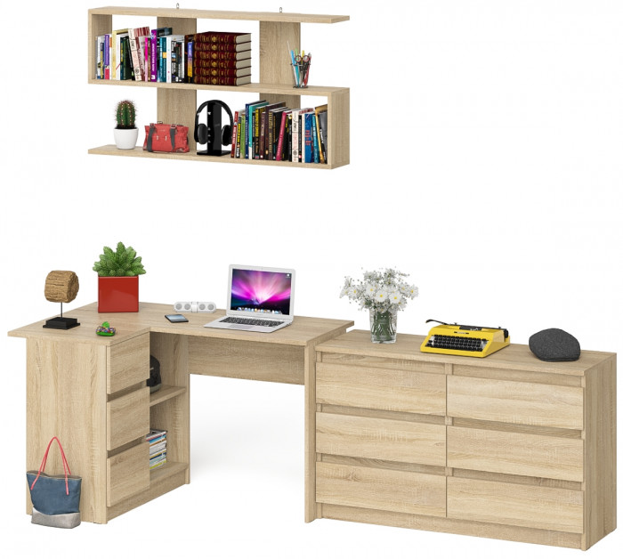 Мори компьютерный стол МС-16 левый + Комод МК1200.6 + Полка 1200, дуб сонома