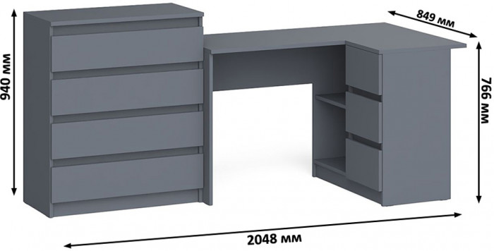 Мори Стол компьютерный МС-16 правый + Комод МК800.4, цвет графит, ШхГхВ 204,8х84,9х94 см., выдвижные ящики справа, НЕ универсальная сборка
