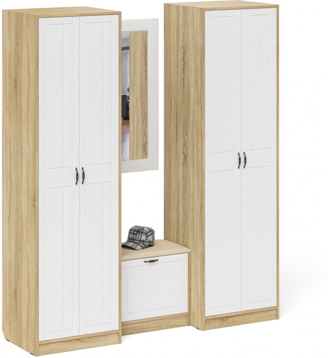 Прихожая П-6 Компоновка № 08, цвет дуб сонома/фасады МДФ белое дерево фрезеровка прованс, ШхГхВ 180х50х210 см., универсальная сборка