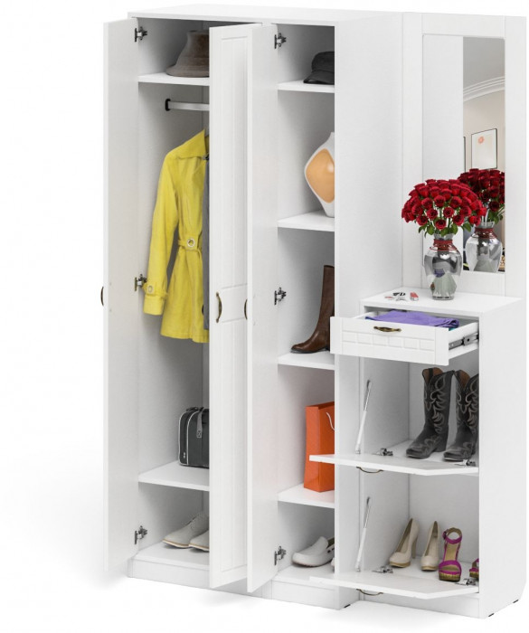 Прихожая П-6 Компоновка № 49, цвет белая шагрень/фасады МДФ белое дерево фрезеровка прованс, ШхГхВ 140х50х210 см., универсальная сборка