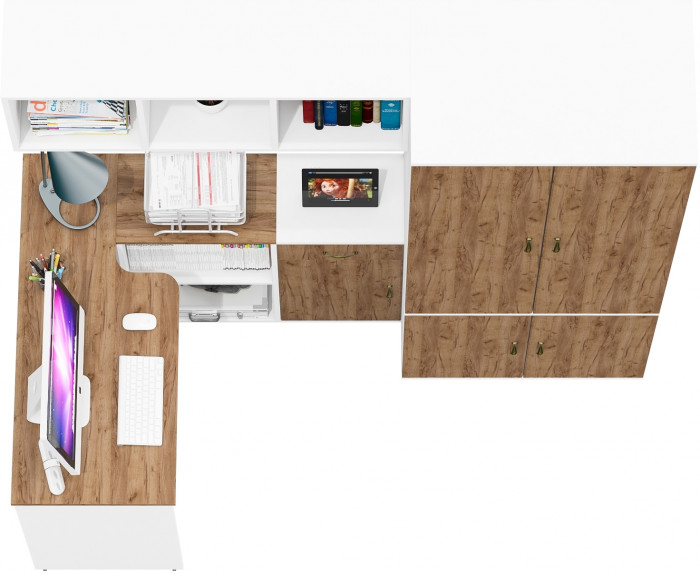 Лидер-8 Стол + Полка + Тумба МД 3.15 + Шкаф МД 19Б, белый шагрень/крафт золото