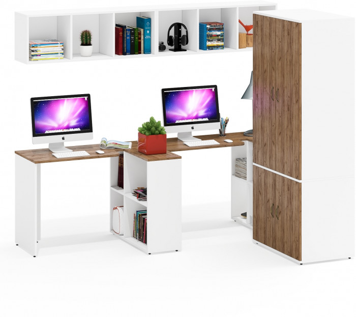 Лидер-8 Стол + Полка + Стол + Полка + Шкаф МД 19Б, цвет белый шагрень/крафт золото, ШхГхВ 410х50х75/190 или 230х160/50х75/190 см., НЕ ун. сборка