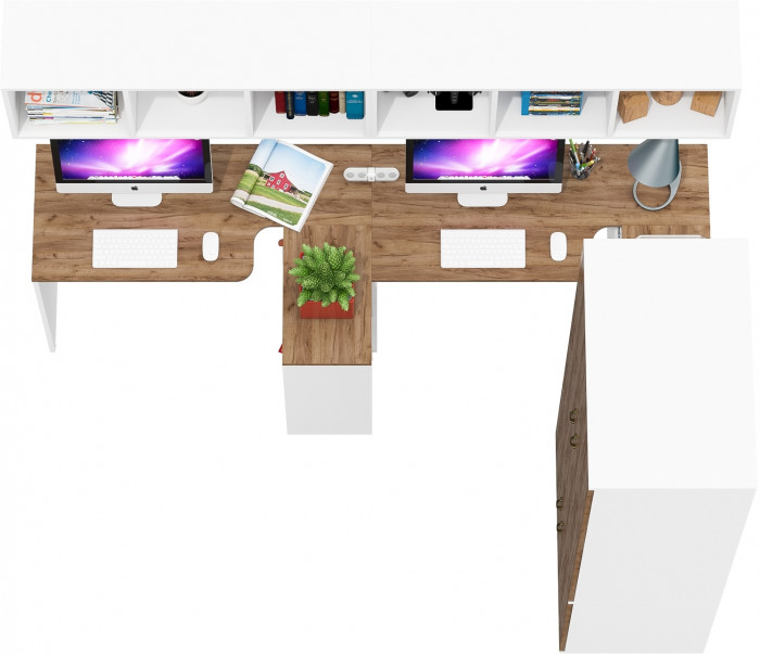 Лидер-8 Стол + Полка + Стол + Полка + Шкаф МД 19Б, цвет белый шагрень/крафт золото, ШхГхВ 410х50х75/190 или 230х160/50х75/190 см., НЕ ун. сборка