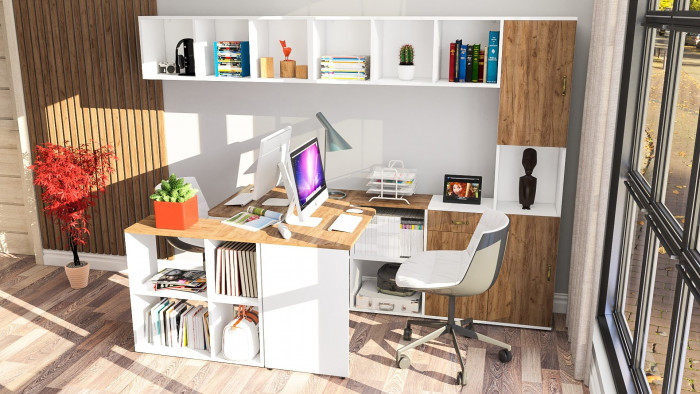 Лидер-8 Стол + Полка + Стол + Полка + Пенал + Тумба МД 3.15, белый шагрень/крафт золото