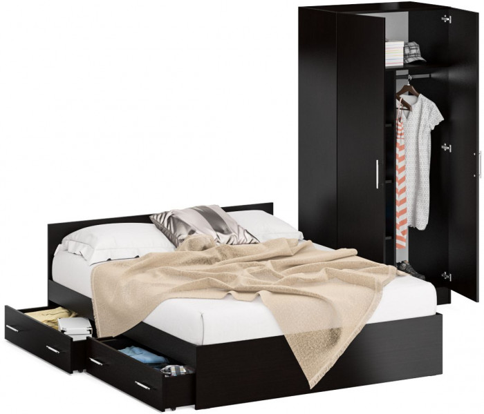 Кровать с ящиками 1600 + Шкаф 2-х створчатый Стандарт, цвет венге, ШхГхВ 163,5х203,5х70 + 90х52х200 см., сп.м. 1600х2000 мм., б/м, основание есть