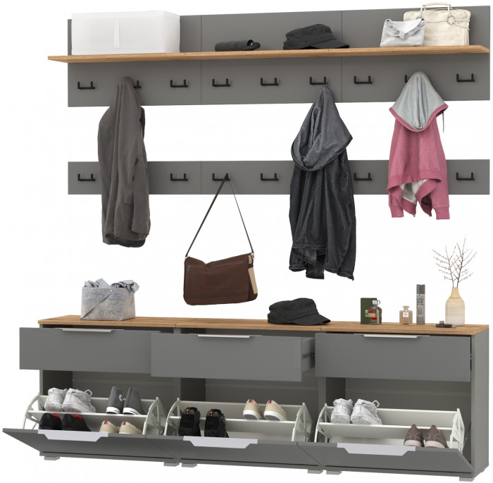 Октава Прихожая 08, цвет серый графит/дуб крафт золотой/фасады МДФ серый графит, ШхГхВ 194,7х35,4х197 см.