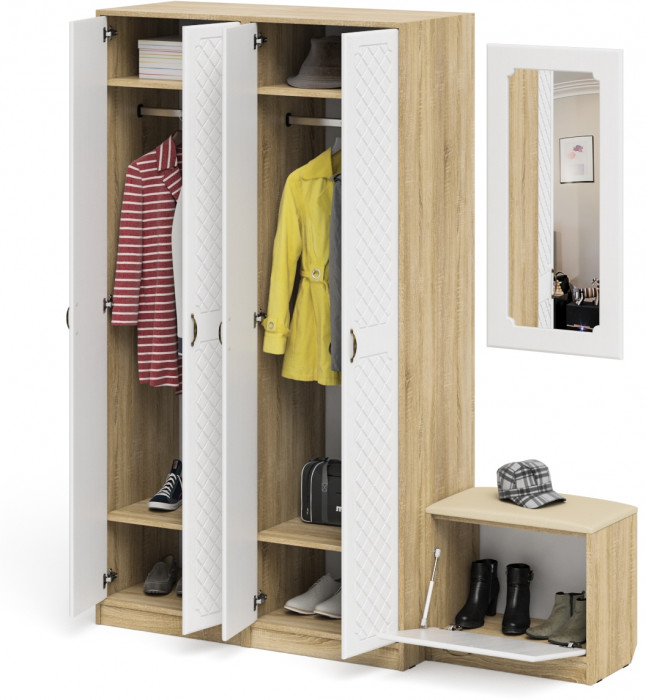 Прихожая П-6 Компоновка № 08, цвет дуб сонома/фасады МДФ белое дерево фрезеровка ромб, ШхГхВ 180х50х210 см., универсальная сборка