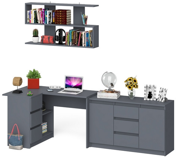 Мори компьютерный стол МС-16 левый + Комод МК1200.3 + Полка 1200, графит