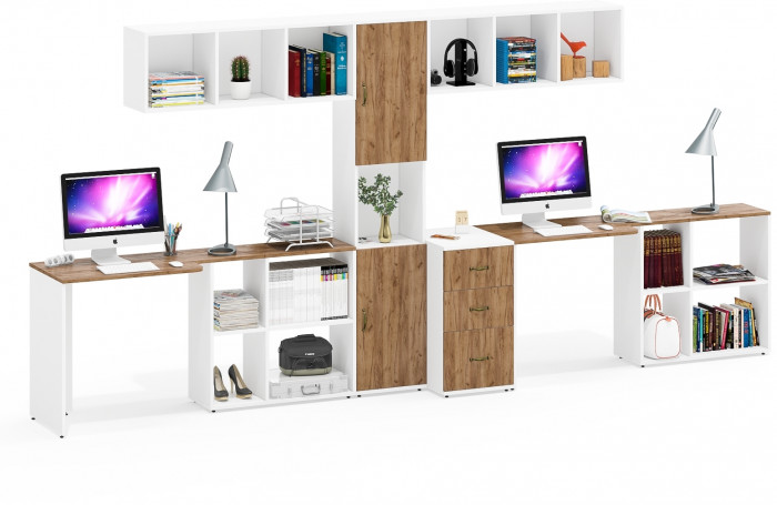 Лидер-8 Стол + Полка + Стол + Полка + Пенал + Тумба МД 3.16, белый шагрень/крафт золото