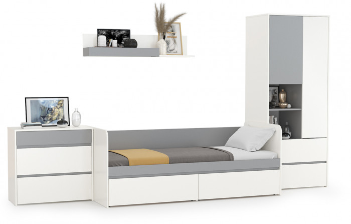 Торонто Компоновка № 19, цвет белый шагрень/стальной серый, ШхГхВ 354х84,4х195,7 см., сп. м. 800х1900 мм., б/м, основание есть, универсальная сборка