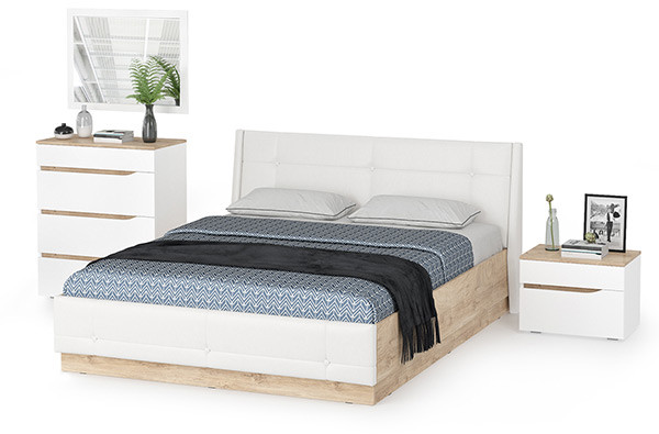 Муссон Кровать 11.28 + подъёмный ортопед + Тумба 16.03 + Комод 13.97 + Зеркало СВК, цвет белый/дуб эндгрейн элегантный/кожзам белый, 1600х2000 мм, б/м