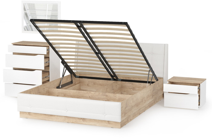 Муссон Кровать 11.28 + подъёмный ортопед + Тумба 16.03 + Комод 13.97 + Зеркало СВК, цвет белый/дуб эндгрейн элегантный/кожзам белый, 1600х2000 мм, б/м