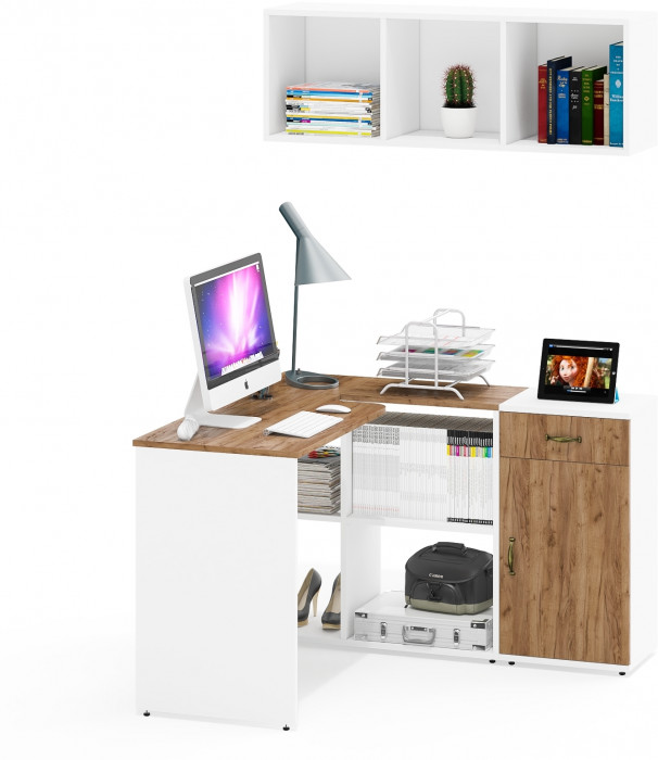 Лидер-8 Стол + Полка + Тумба МД 3.15, белый шагрень/крафт золото