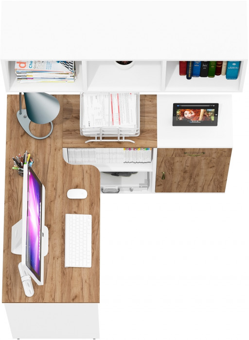 Лидер-8 Стол + Полка + Тумба МД 3.15, белый шагрень/крафт золото