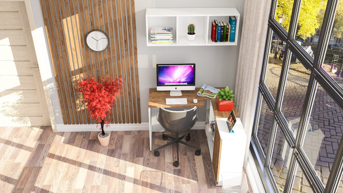 Лидер-8 Стол + Полка + Тумба МД 3.15, белый шагрень/крафт золото