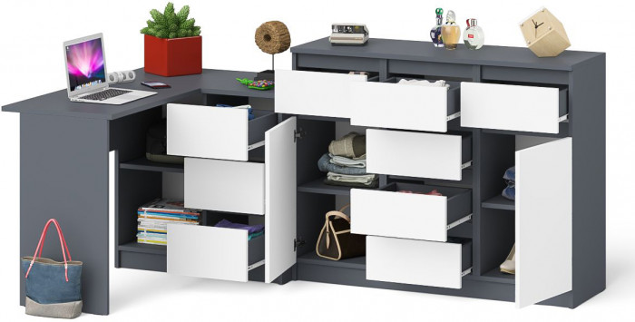 Мори компьютерный стол МС-16 правый + Комод МК1200.4, графит/белый