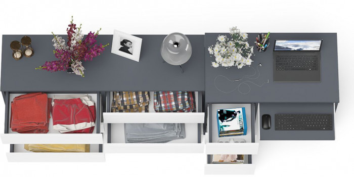 Мори компьютерный стол МС-6 левый + Комод МК1380.6, графит/белый