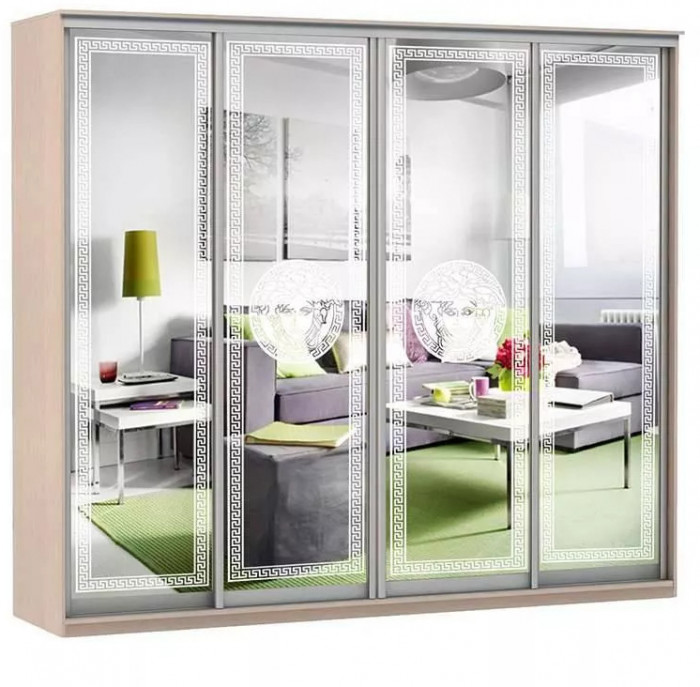 Шкаф купе Модерн 2362х600 4-х дверный 4-х секционный зеркальный с пескоструем №1 ясень