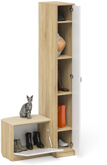 Прихожая П-6 Компоновка № 39, цвет дуб сонома/фасады МДФ белое дерево фрезеровка прованс, ШхГхВ 90х50х210 см., универсальная сборка