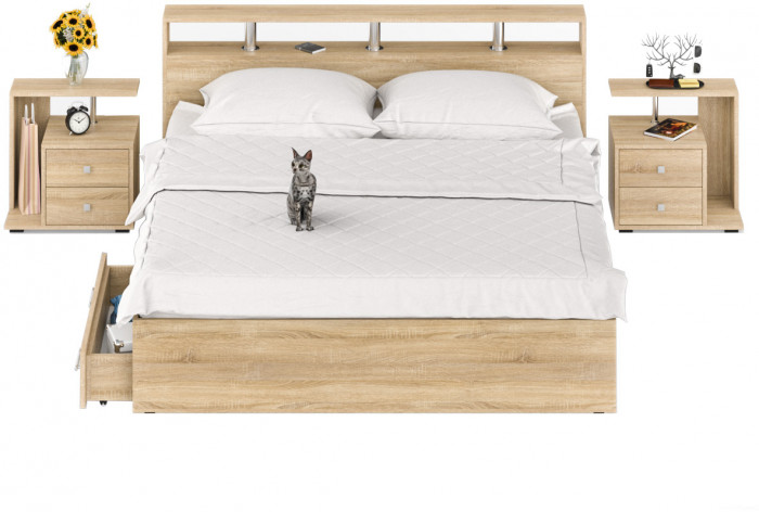 Камелия Кровать с ящиками 1800 + две тумбы, цвет дуб сонома, ШхГхВ 296х217х78,2 см., сп.м. 1800х2000 мм., без матраса, основание есть