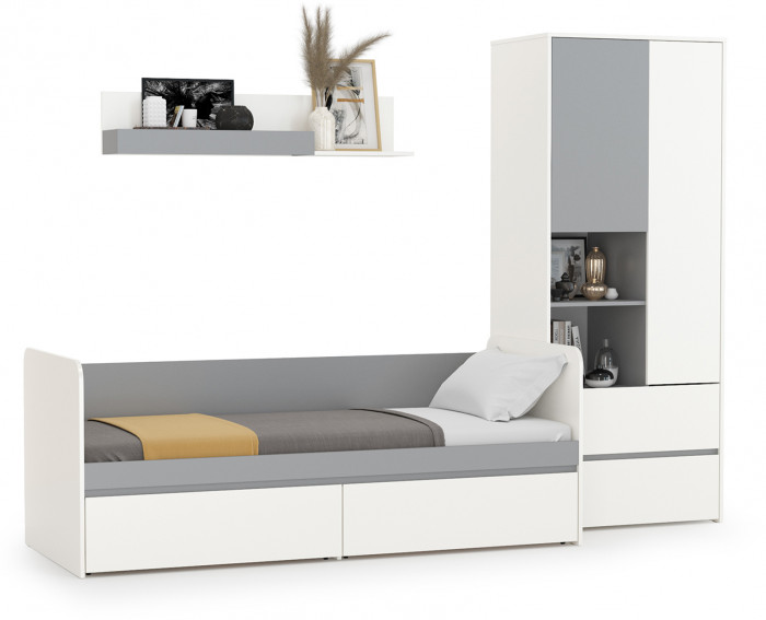 Торонто Компоновка № 20, цвет белый шагрень/стальной серый, ШхГхВ 274х84,4х195,7 см., сп. м. 800х1900 мм., б/м, основание есть, универсальная сборка