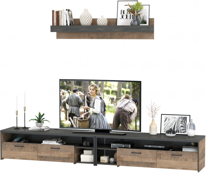 Трувор 13.70 Тумба под ТВ + 13.70 Тумба под ТВ + 15.60 Полка, цвет дуб гранж песочный/интра, ШхГхВ 299,6х45,4х195 см., универсальная сборка