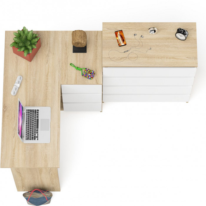 Мори Стол компьютерный МС-16 правый + Комод МК800.4, цвет дуб сонома/белый, ШхГхВ 204,8х84,9х94 см., выдвижные ящики справа, НЕ универс. сборка