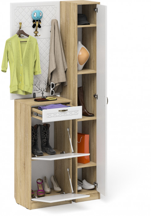 Прихожая П-6 Компоновка № 24, дуб сонома/фасады МДФ белое дерево фрезеровка ромб